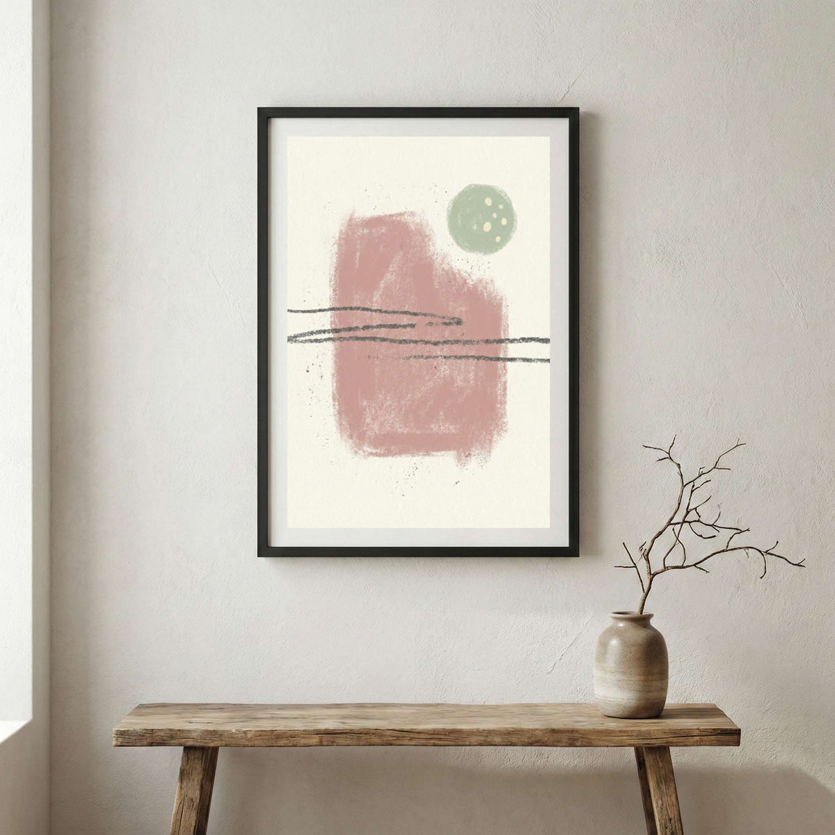 Blush Sage Minimal Abstract canvas wall art in a framed room setting