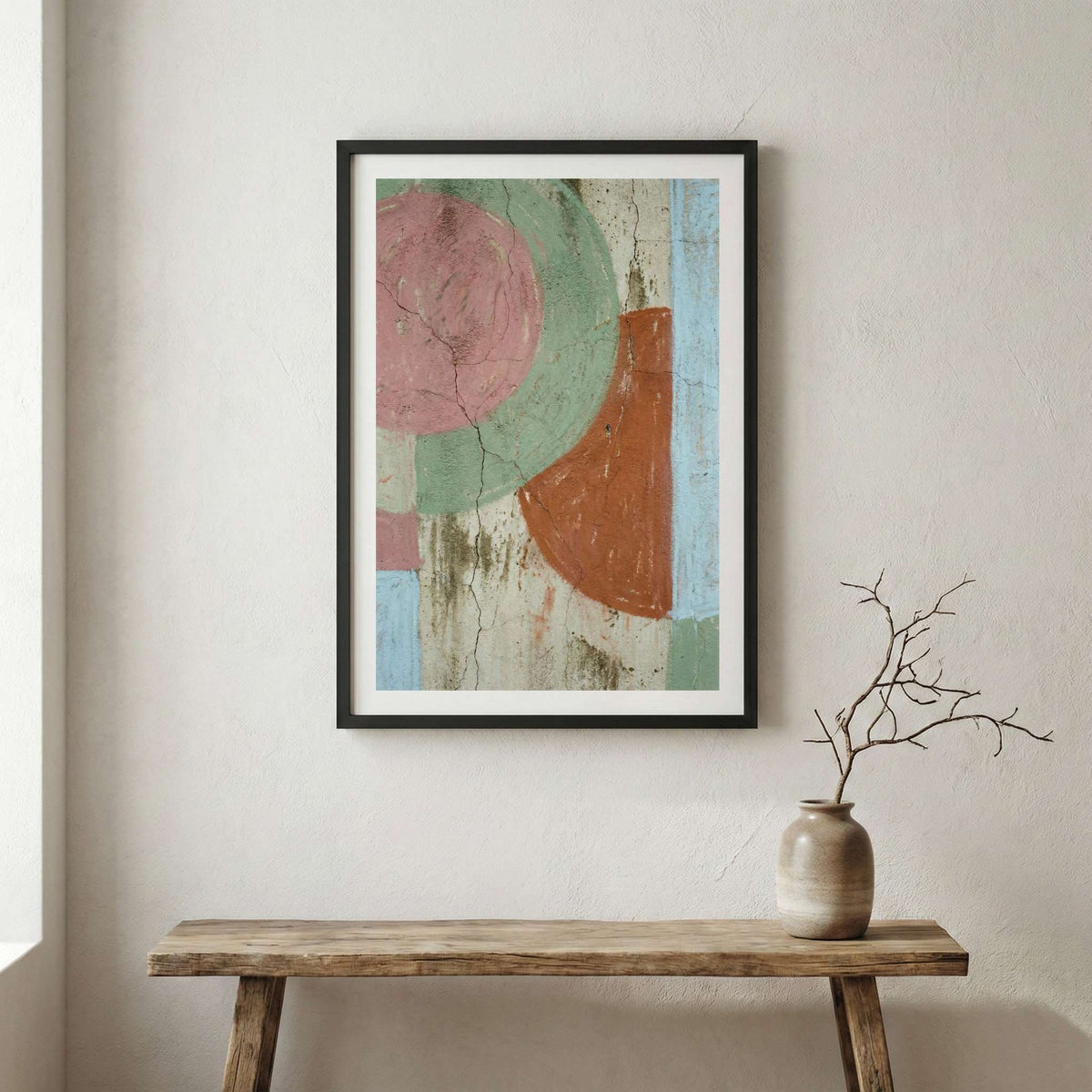 Sage Terracotta Geometric Abstract canvas wall art in a framed room setting