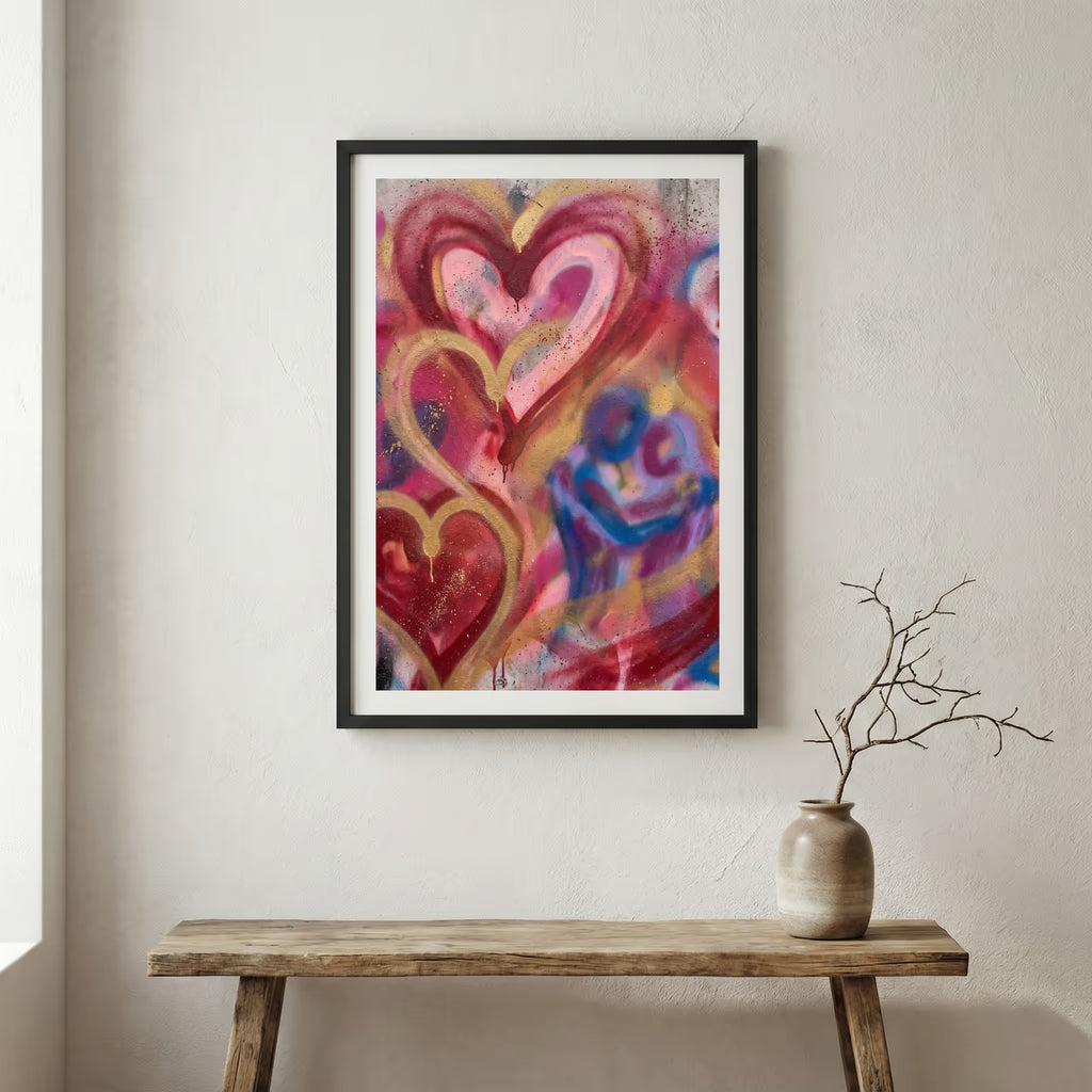 Pink Red Heart Wall Art canvas wall art in a framed room setting