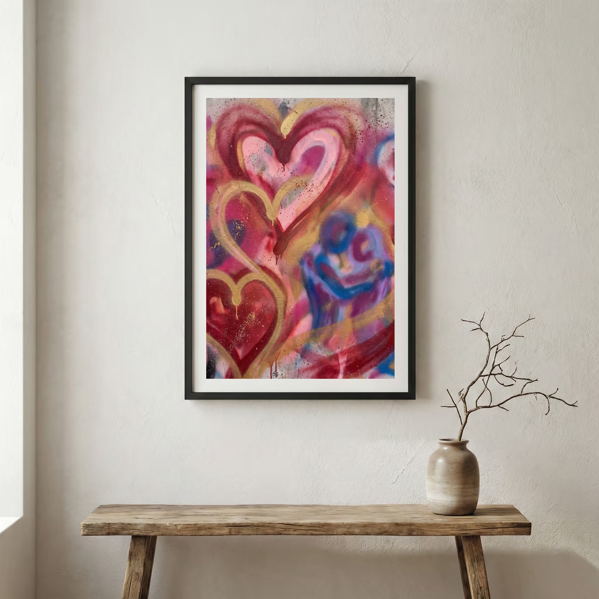 Pink Red Heart Wall Art canvas wall art in a framed room setting