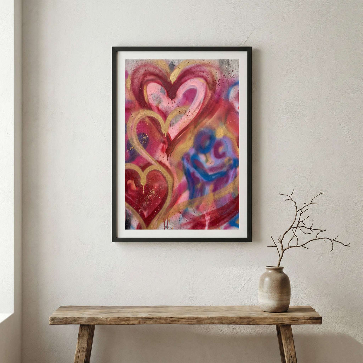 Pink Red Heart Wall Art canvas wall art in a framed room setting