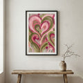 Pink Red Heart Swirl Abstract canvas wall art in a framed room setting
