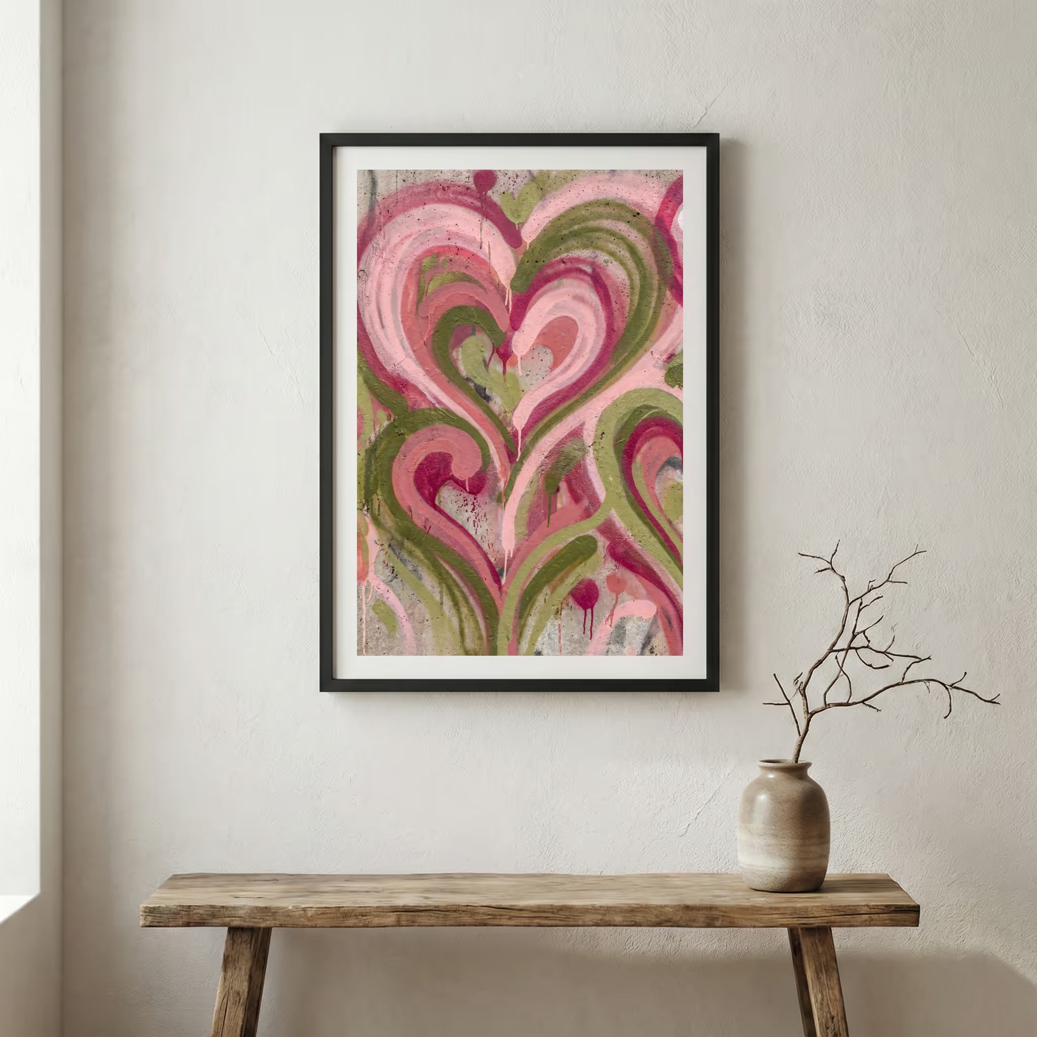 Pink Red Heart Swirl Abstract canvas wall art in a framed room setting