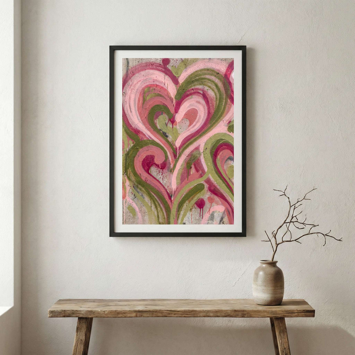 Pink Red Heart Swirl Abstract canvas wall art in a framed room setting