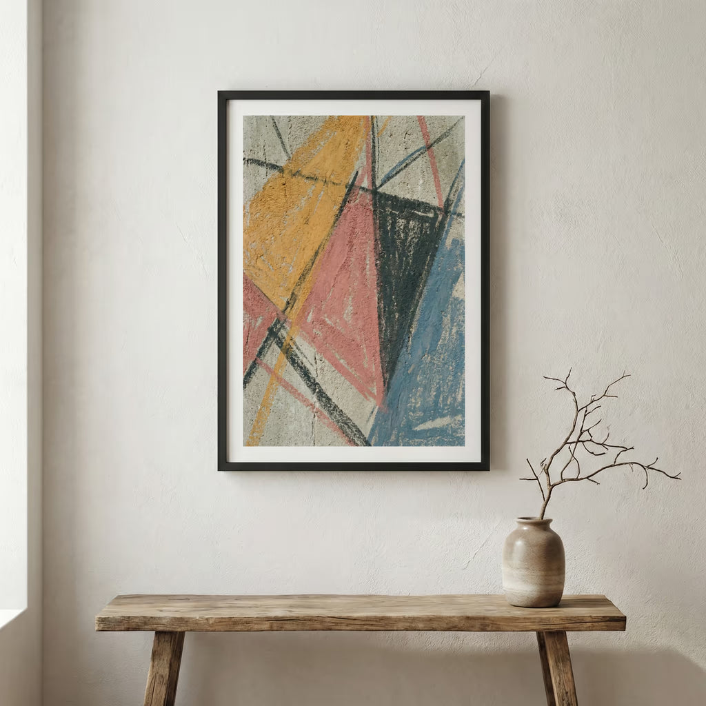 Terracotta Blue Geometric Abstract canvas wall art in a framed room setting