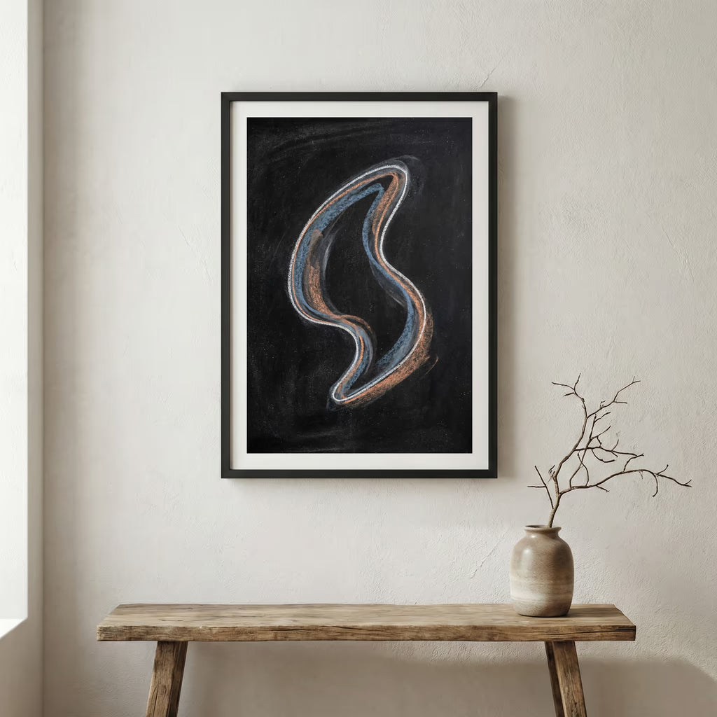 Black Silver Curved Abstract canvas wall art in a framed room setting
