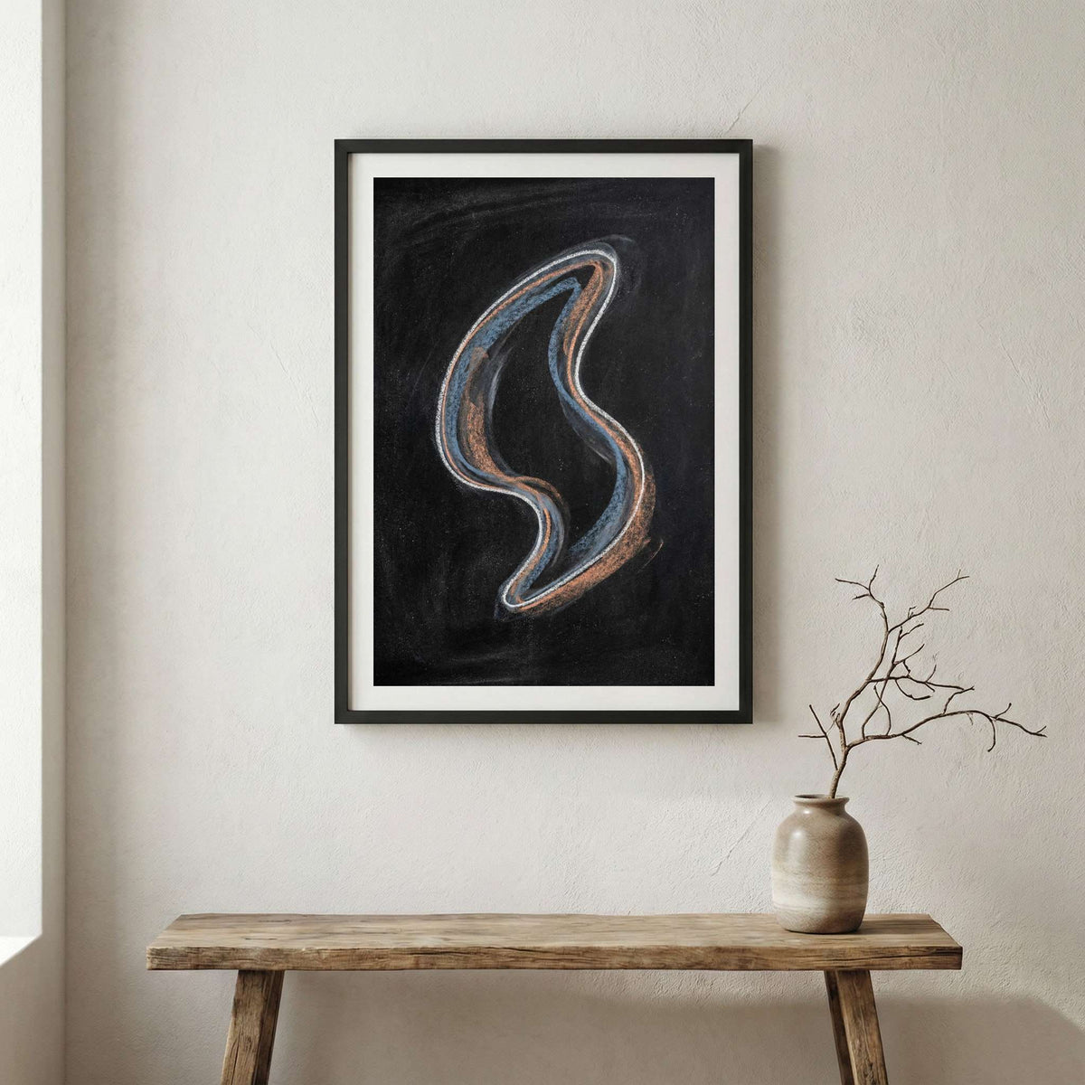 Black Silver Curved Abstract canvas wall art in a framed room setting