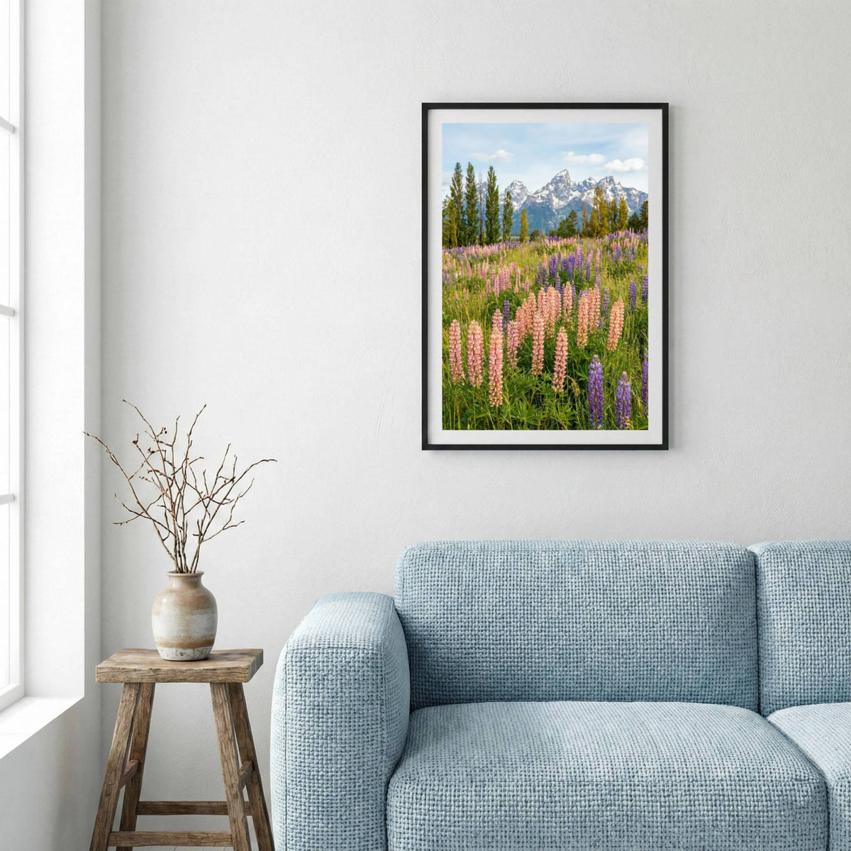 Purple and pink lupine flowers filling a mountain meadow — framed canvas wall art in a wooden frame, 16×24 in