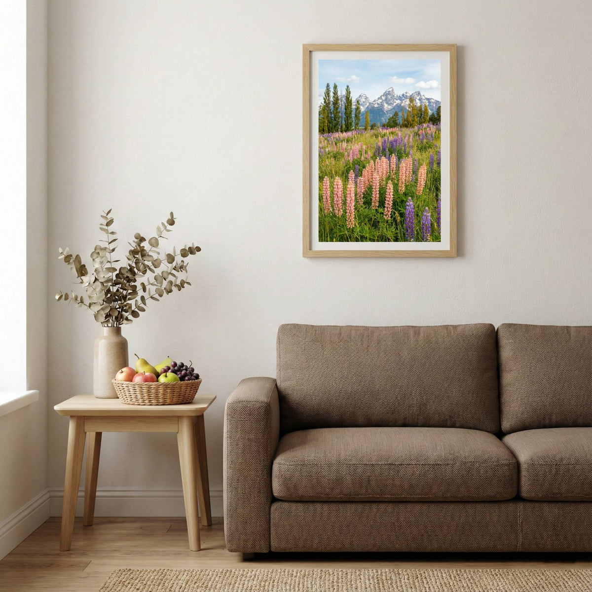 Purple and pink lupine flowers filling a mountain meadow — wooden-frame wall art print, 20×30 in