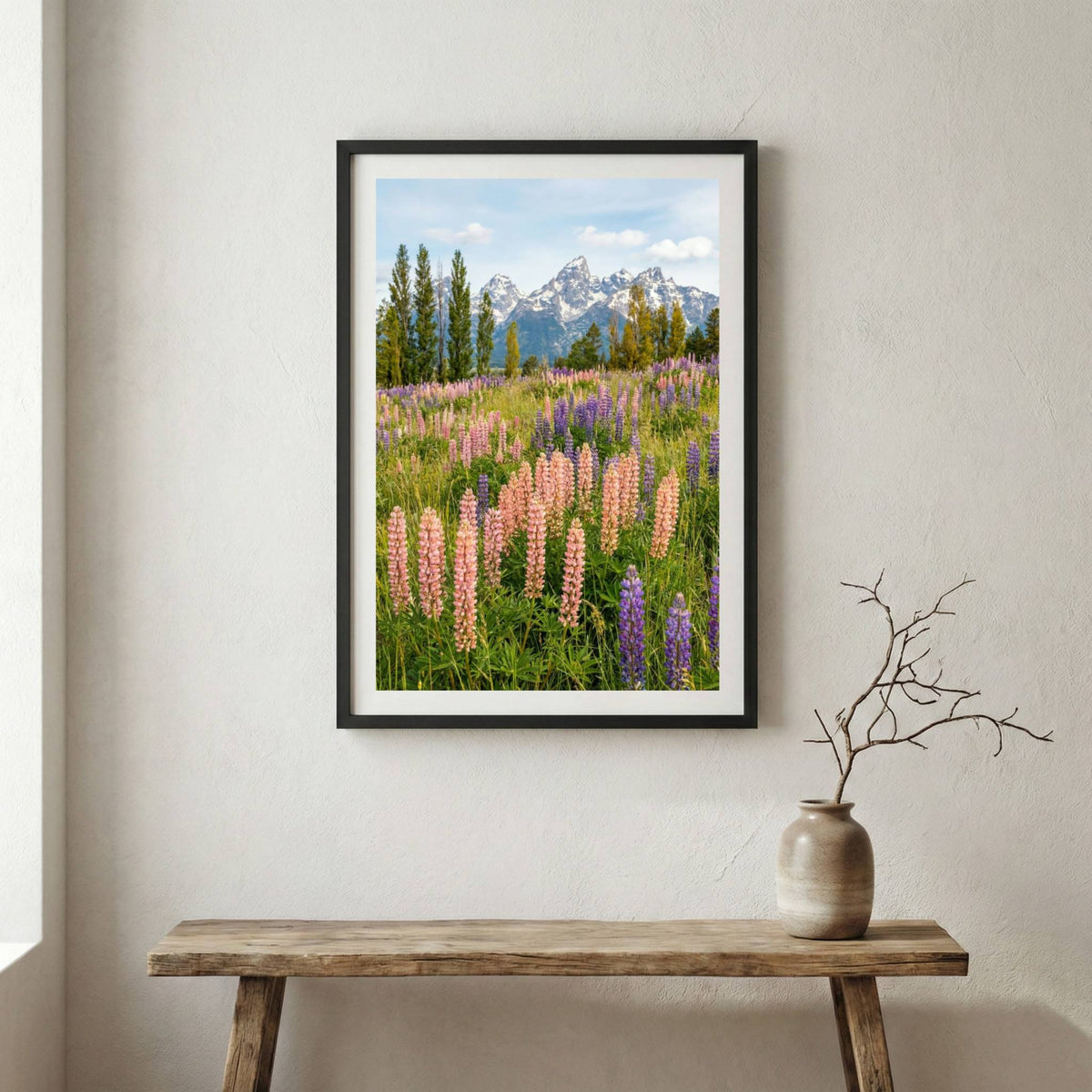 Purple and pink lupine flowers filling a mountain meadow — wooden frame canvas wall art print, 12×18 in