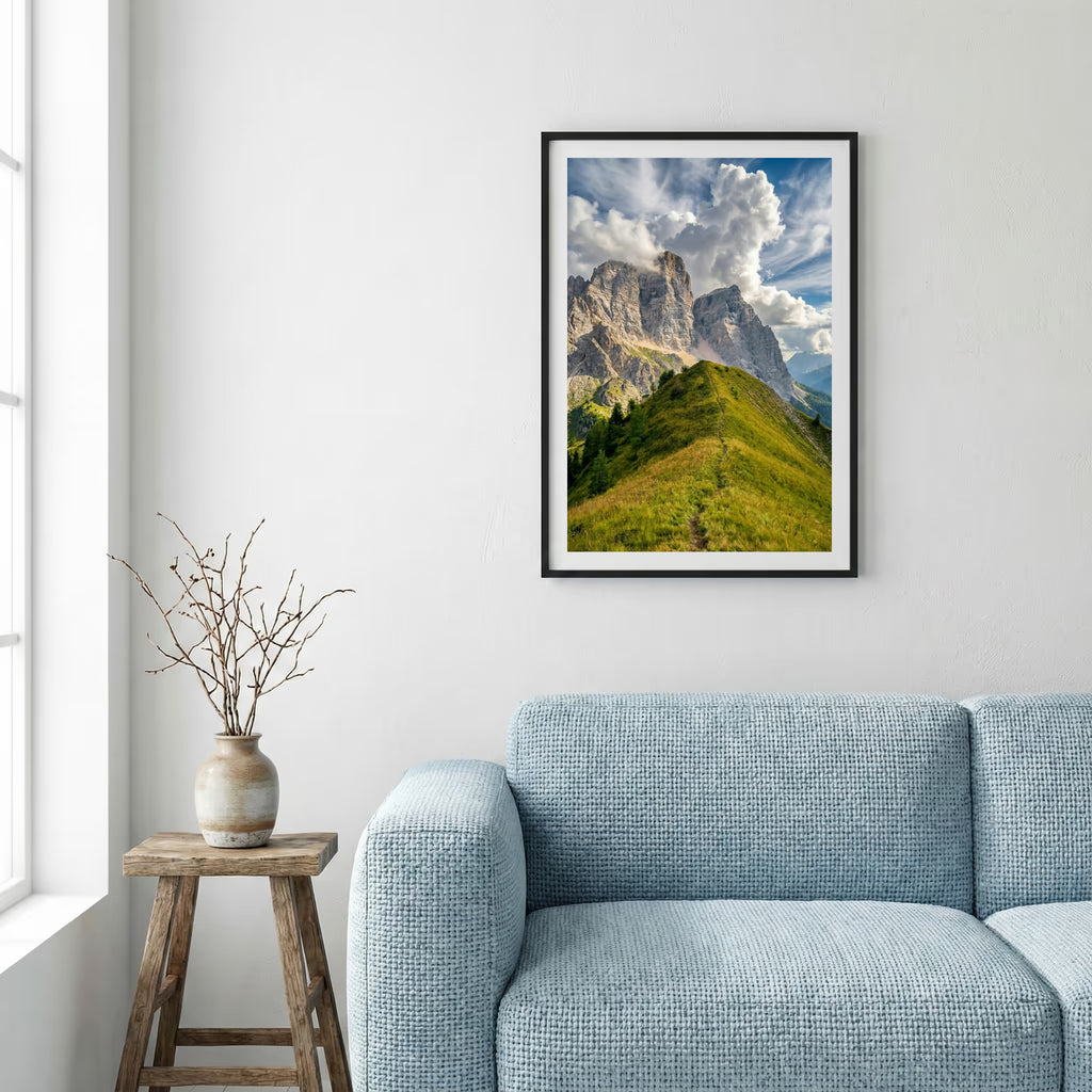 Purple and pink lupine flowers filling a mountain meadow — framed canvas wall art in a wooden frame, 16×24 in