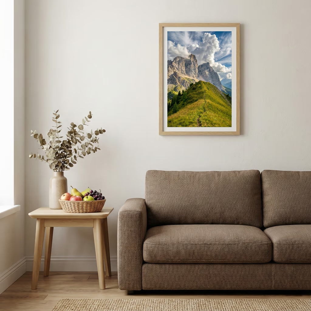 Purple and pink lupine flowers filling a mountain meadow — wooden-frame wall art print, 20×30 in