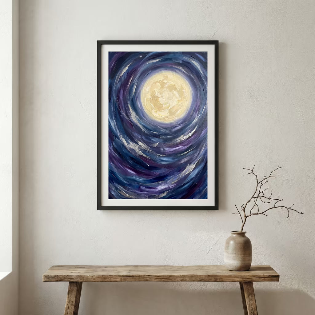 Blue Moon Swirl Abstract canvas wall art in a framed room setting