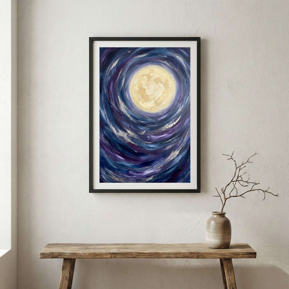 Blue Moon Swirl Abstract canvas wall art in a framed room setting