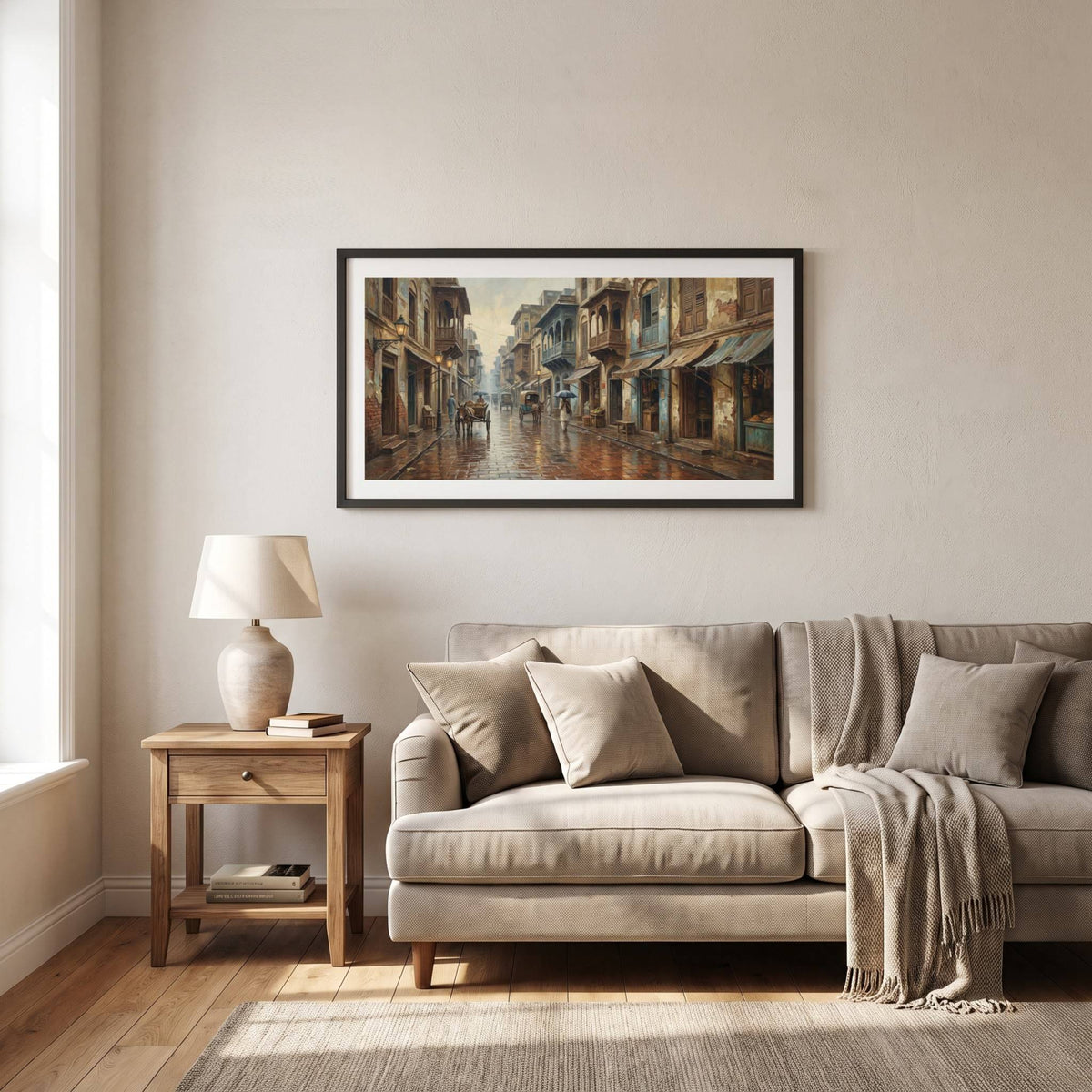 Vintage painting of a colorful bazaar street with awnings and a horse cart after rain — framed vintage painting.