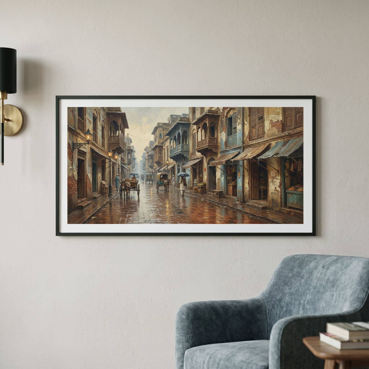 Vintage painting of a colorful bazaar street with awnings and a horse cart after rain — framed vintage painting.