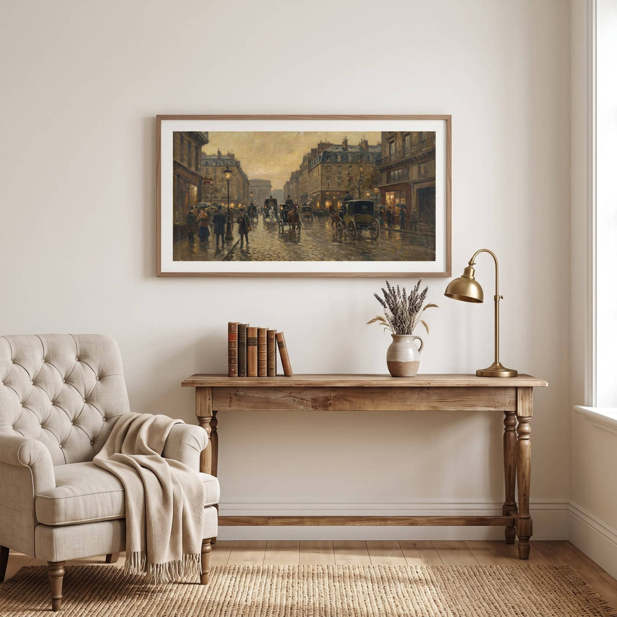 Vintage impressionist-style painting of a rainy city street with carriages and pedestrians — framed vintage painting.