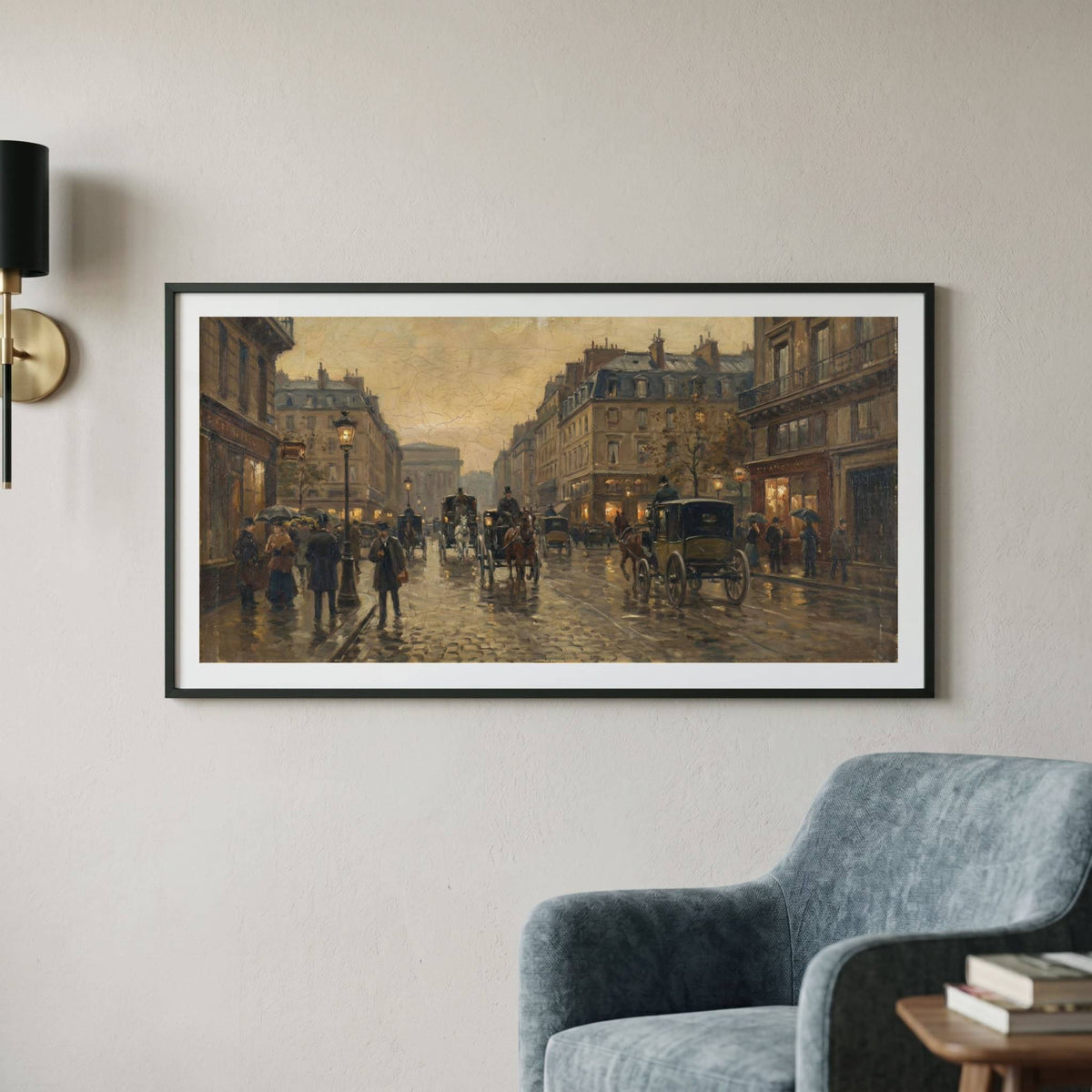 Vintage impressionist-style painting of a rainy city street with carriages and pedestrians — framed vintage painting.