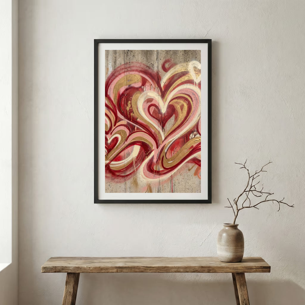 Red Cream Swirl Abstract canvas wall art in a framed room setting