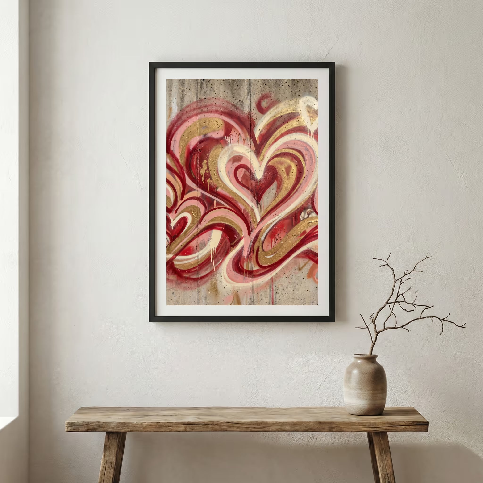 Red Cream Swirl Abstract canvas wall art in a framed room setting
