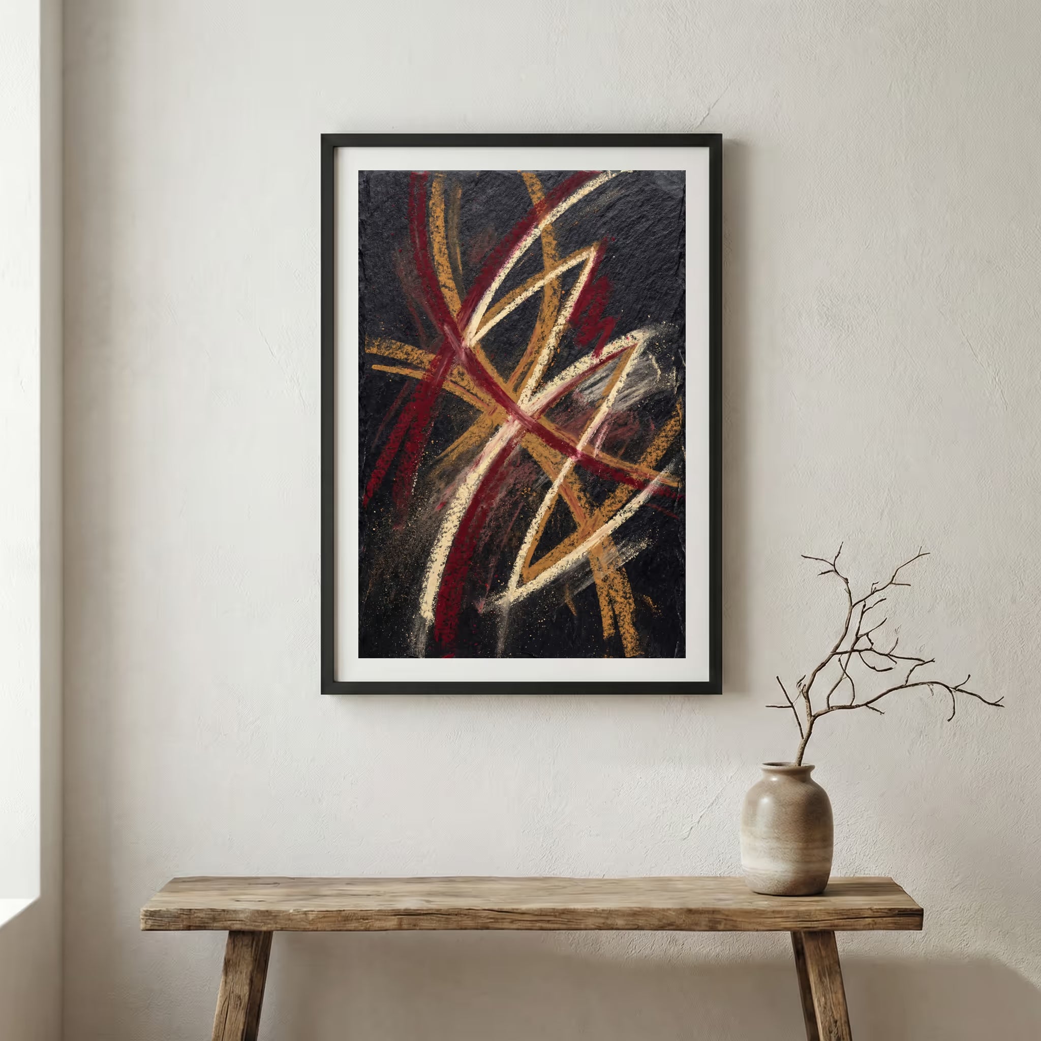 Black Gold Red Linework Abstract canvas wall art in a framed room setting