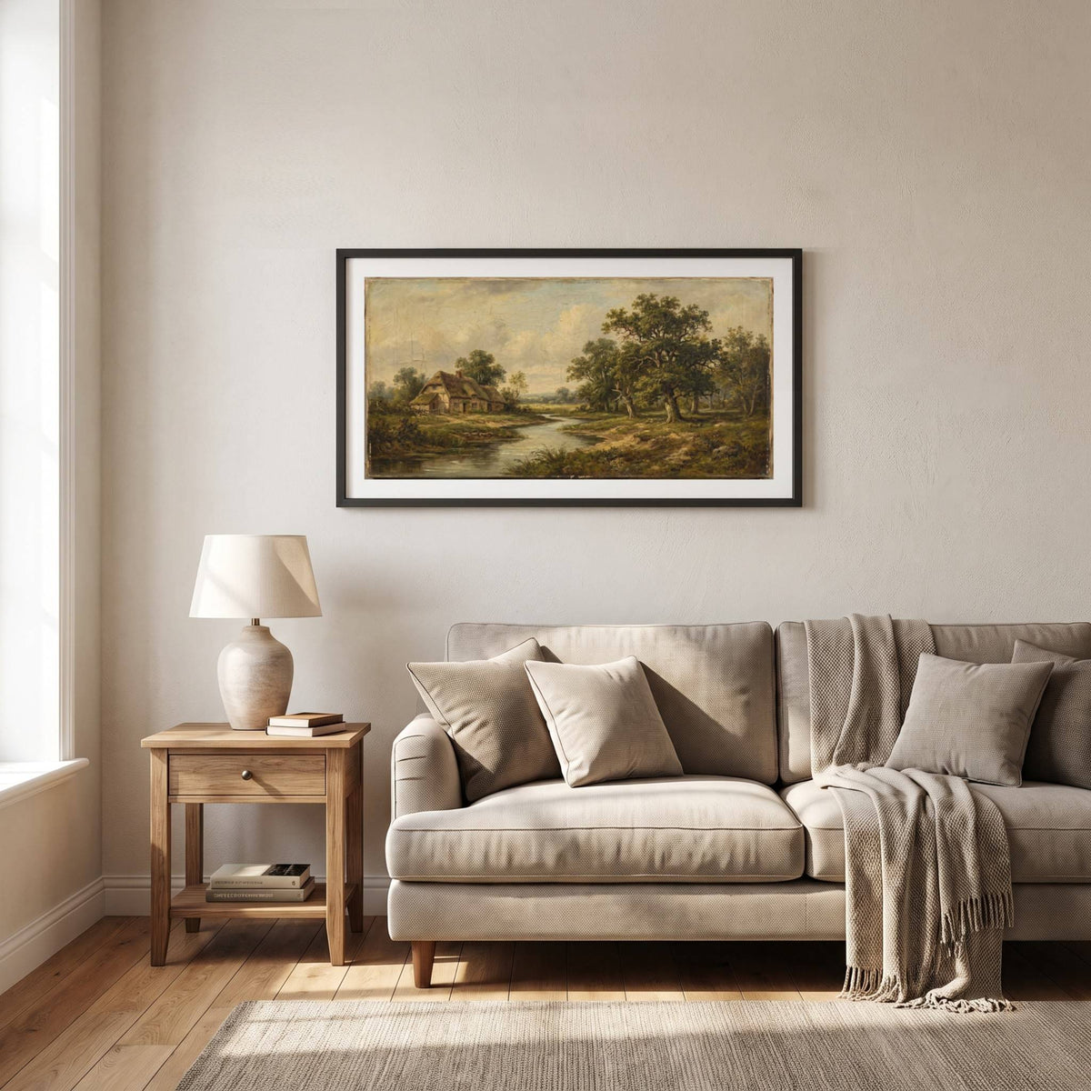 Vintage landscape painting of a quiet river winding past trees and a distant cottage — framed vintage painting.