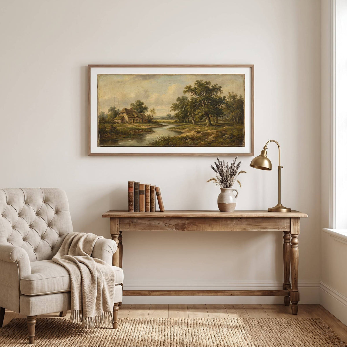 Vintage landscape painting of a quiet river winding past trees and a distant cottage — framed vintage painting.