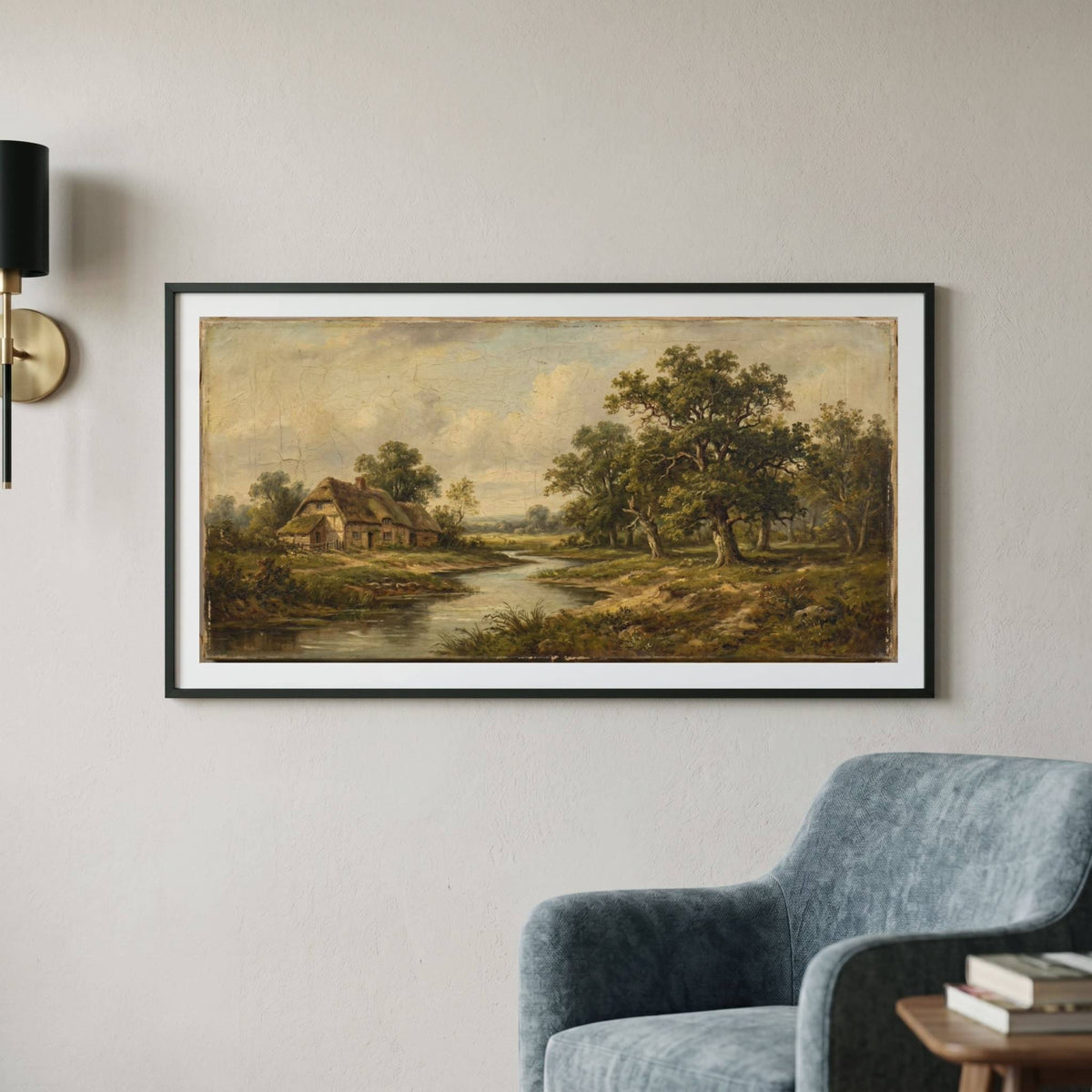 Vintage landscape painting of a quiet river winding past trees and a distant cottage — framed vintage painting.