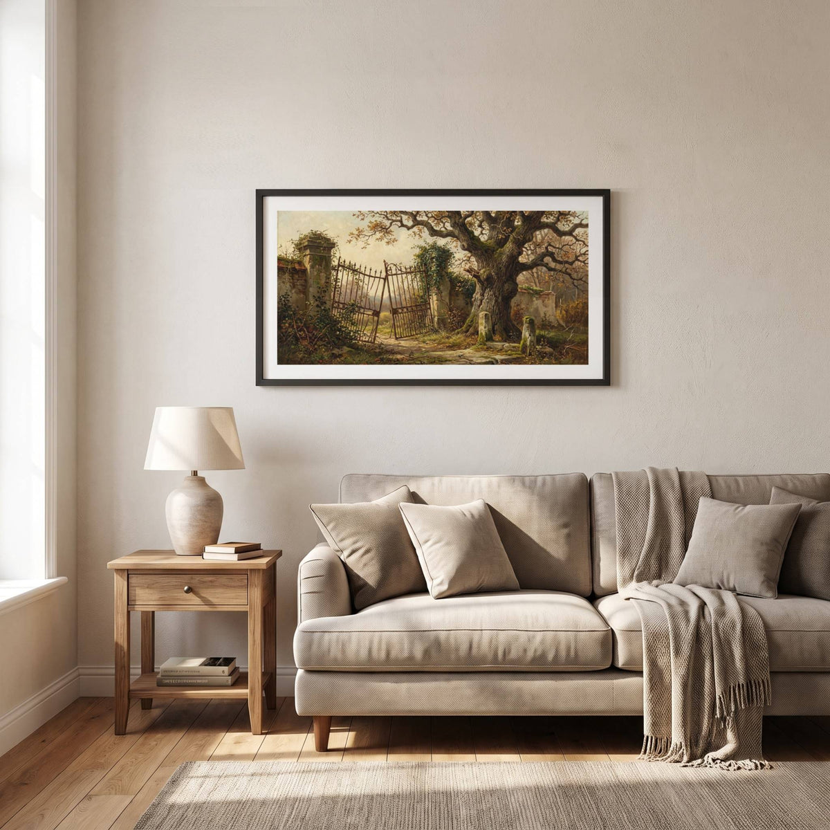 Vintage painting of a wrought iron garden gate beneath an ancient ivy-covered tree — framed vintage painting.