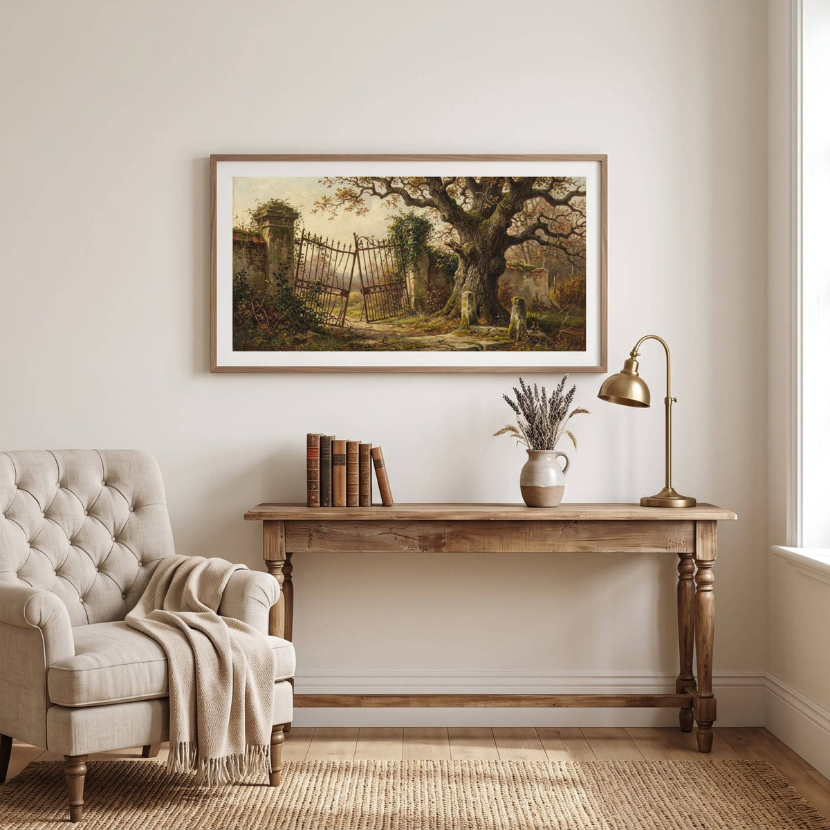 Vintage painting of a wrought iron garden gate beneath an ancient ivy-covered tree — framed vintage painting.