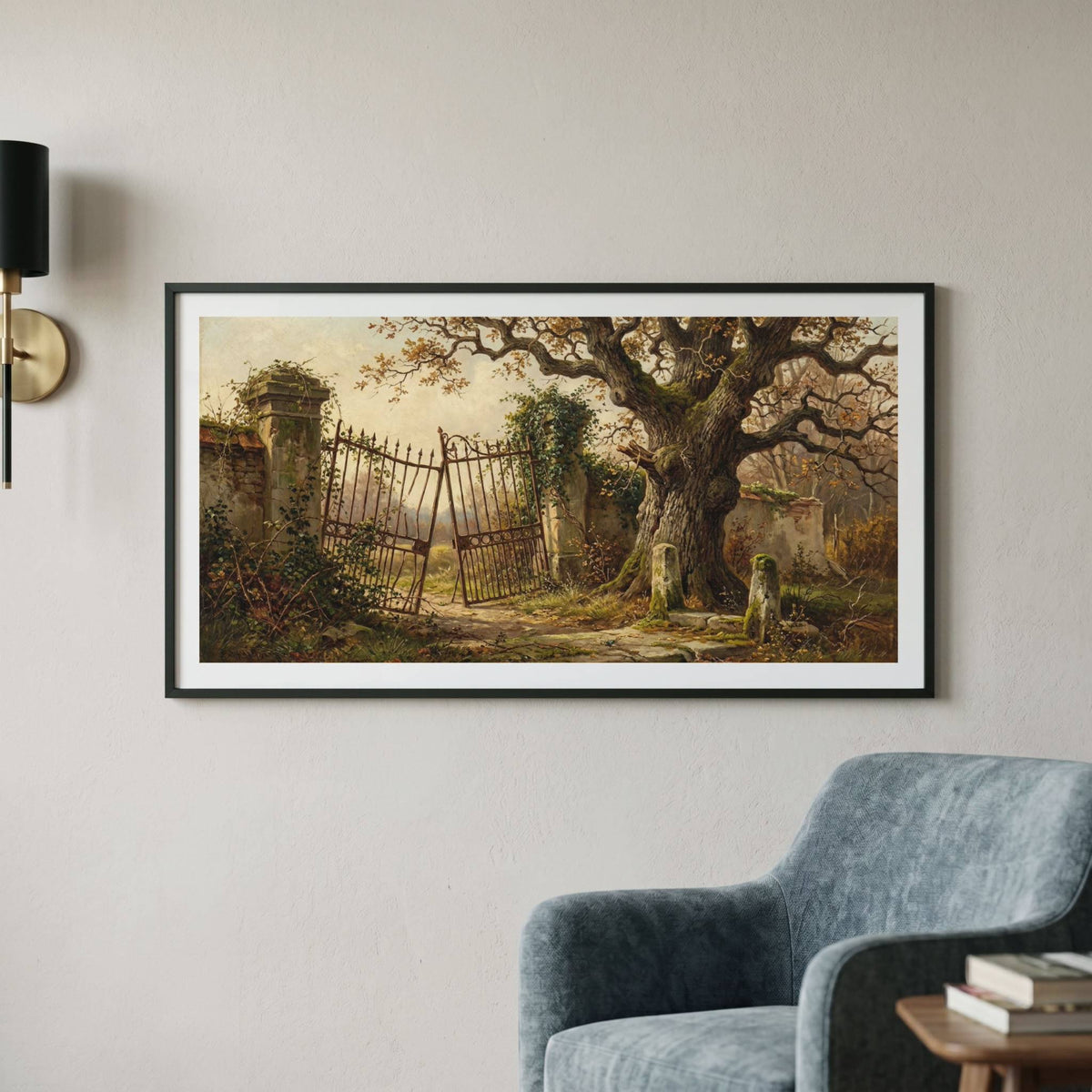 Vintage painting of a wrought iron garden gate beneath an ancient ivy-covered tree — framed vintage painting.