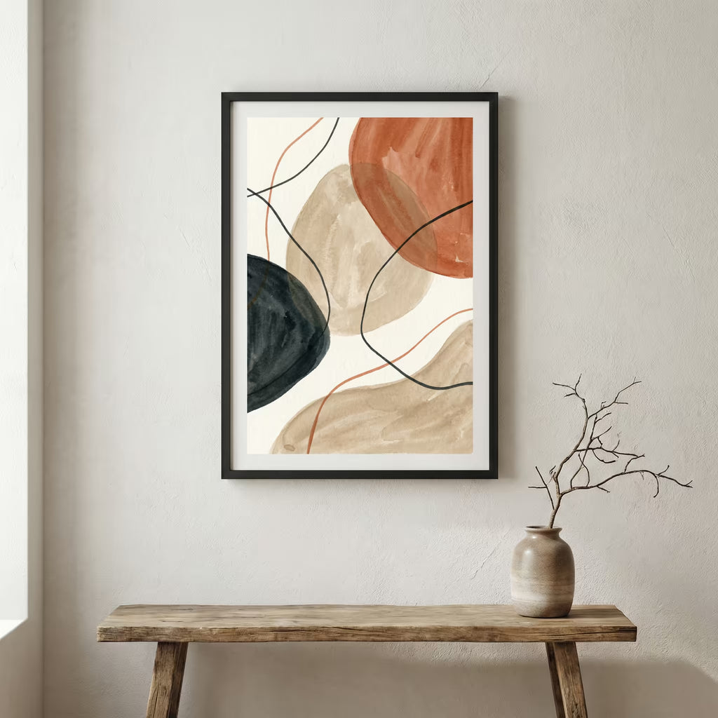 Terracotta Black Line Abstract canvas wall art in a framed room setting