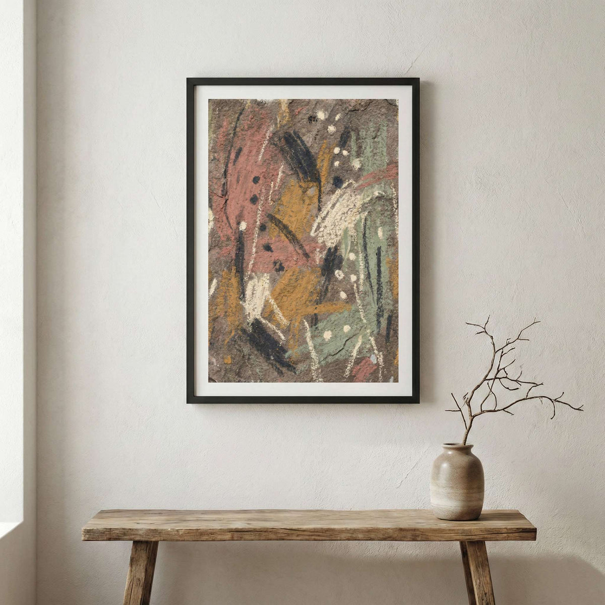 Earth Tone Expressive Abstract canvas wall art in a framed room setting