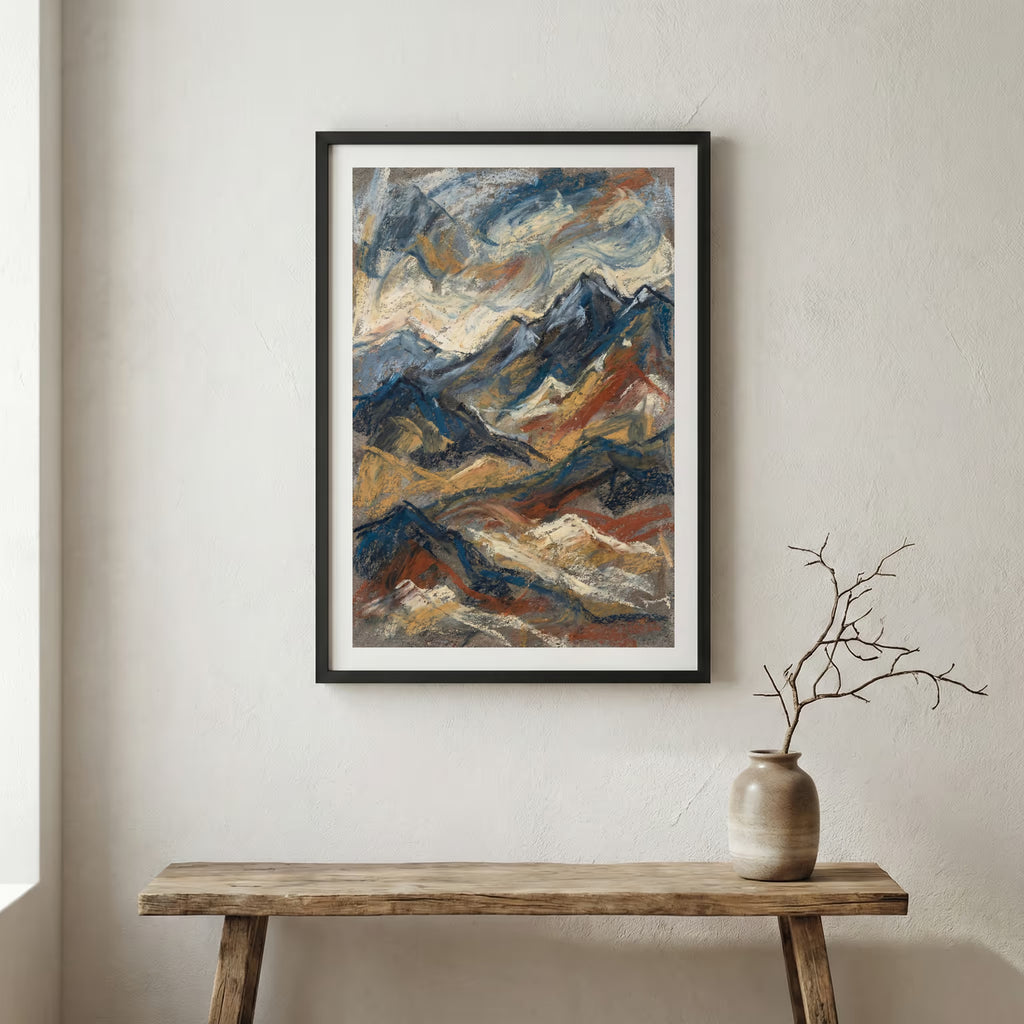 Blue Gold Mountain Landscape Abstract canvas wall art in a framed room setting