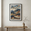 Blue Gold Mountain Landscape Abstract canvas wall art in a framed room setting