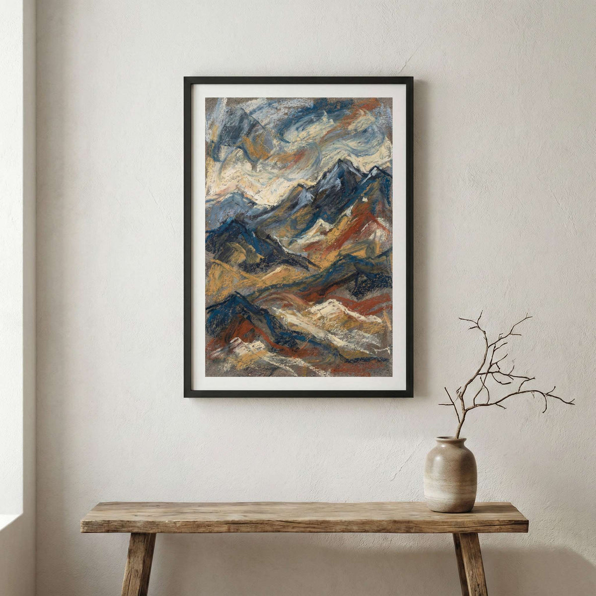 Blue Gold Mountain Landscape Abstract canvas wall art in a framed room setting
