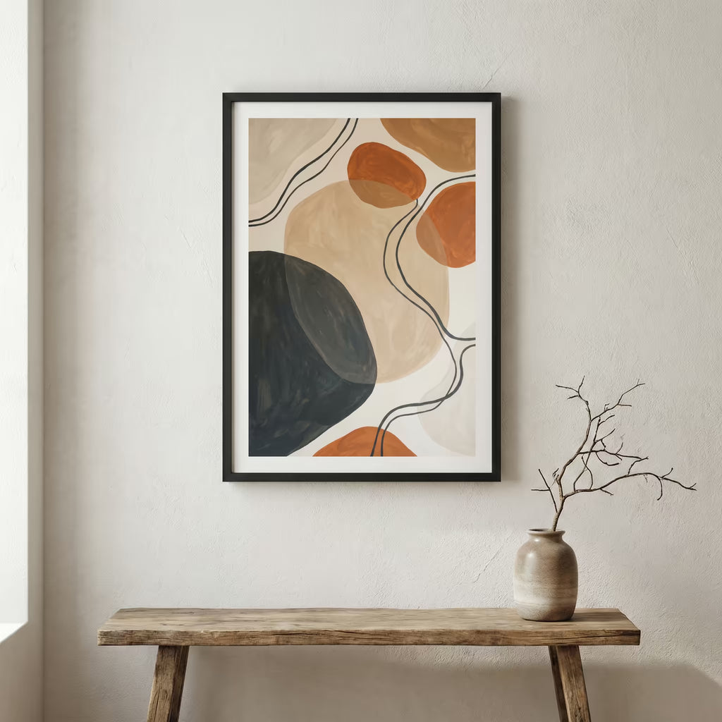 Terracotta Black Organic Abstract canvas wall art in a framed room setting