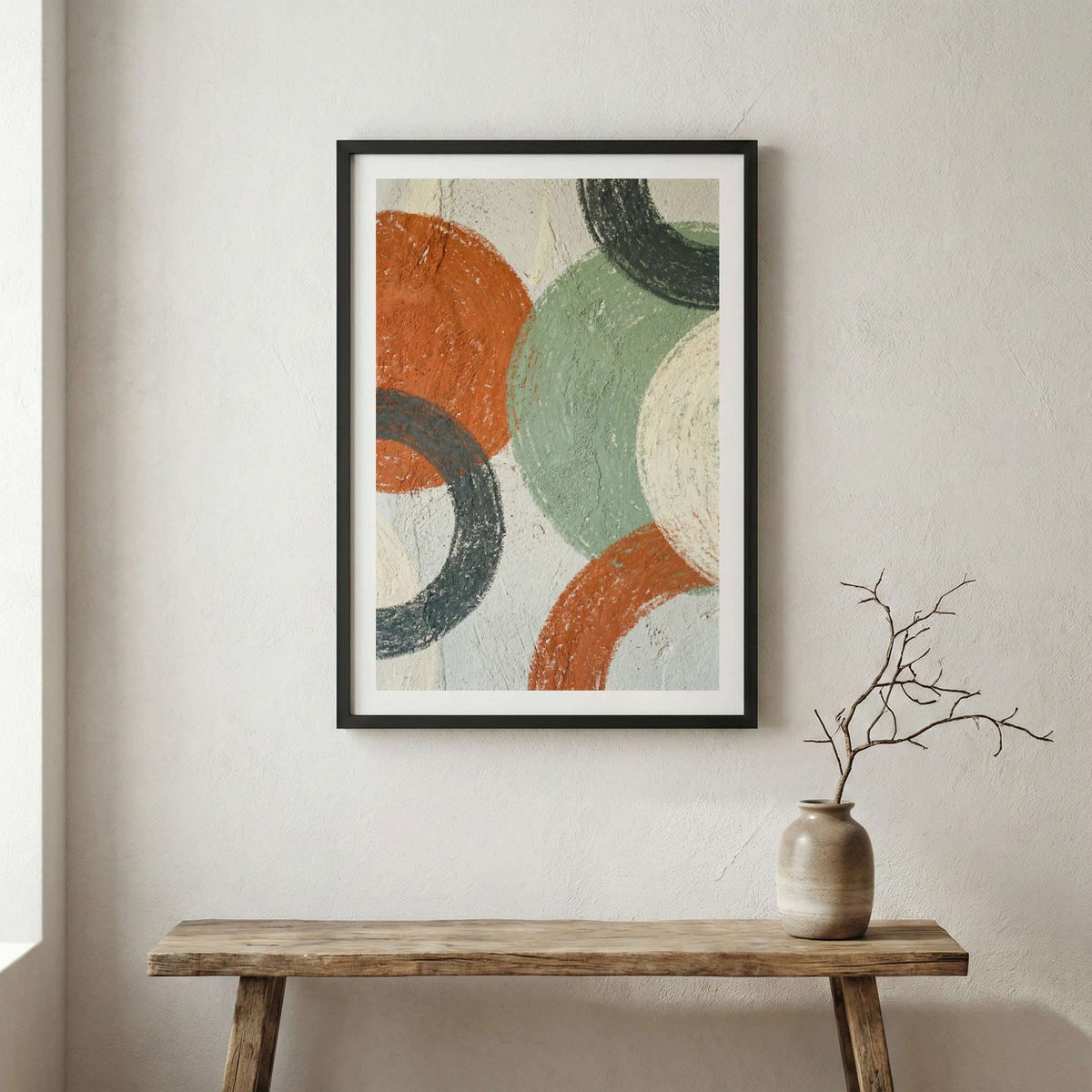 Terracotta Sage Geometric Abstract canvas wall art in a framed room setting