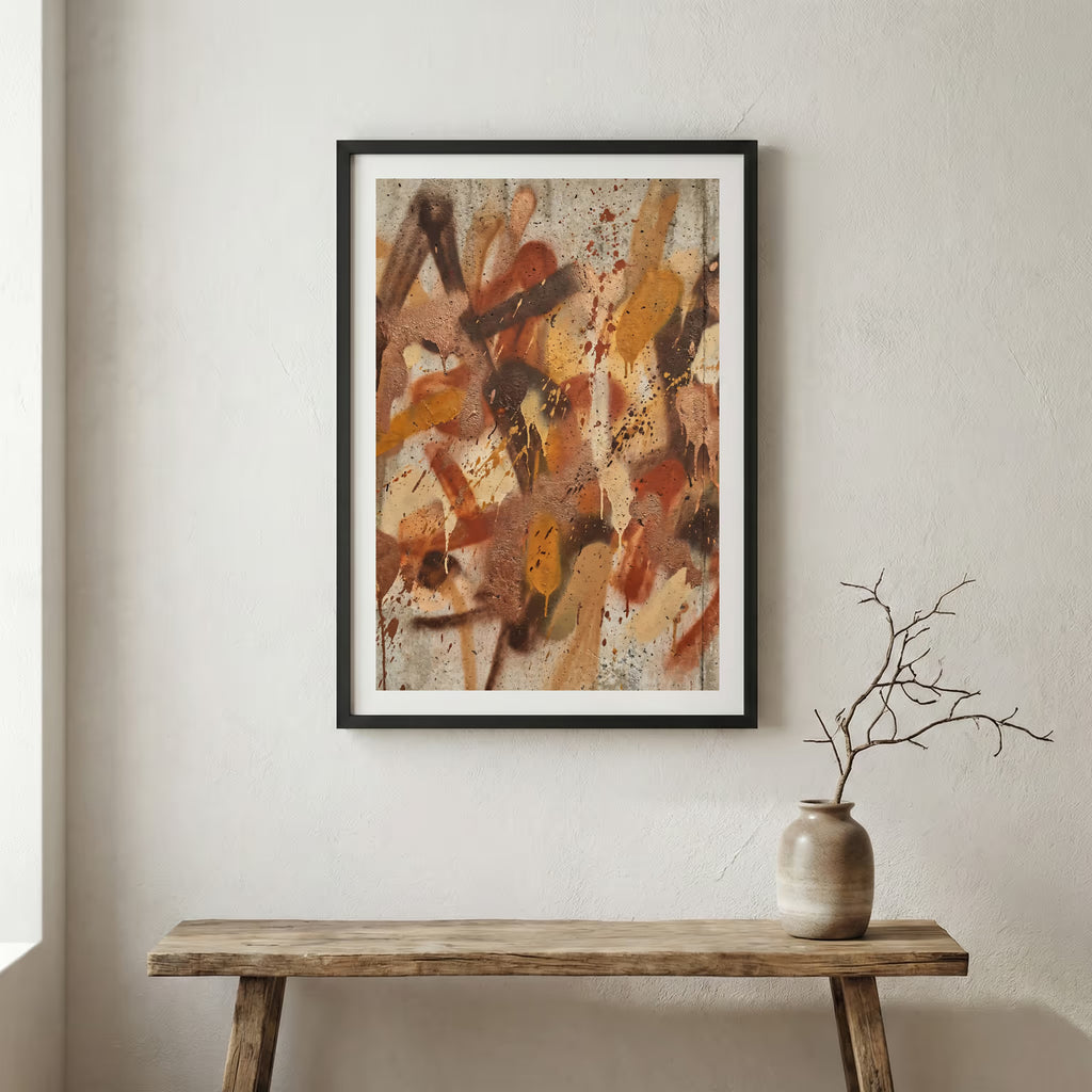 Orange Brown Expressive Abstract canvas wall art in a framed room setting
