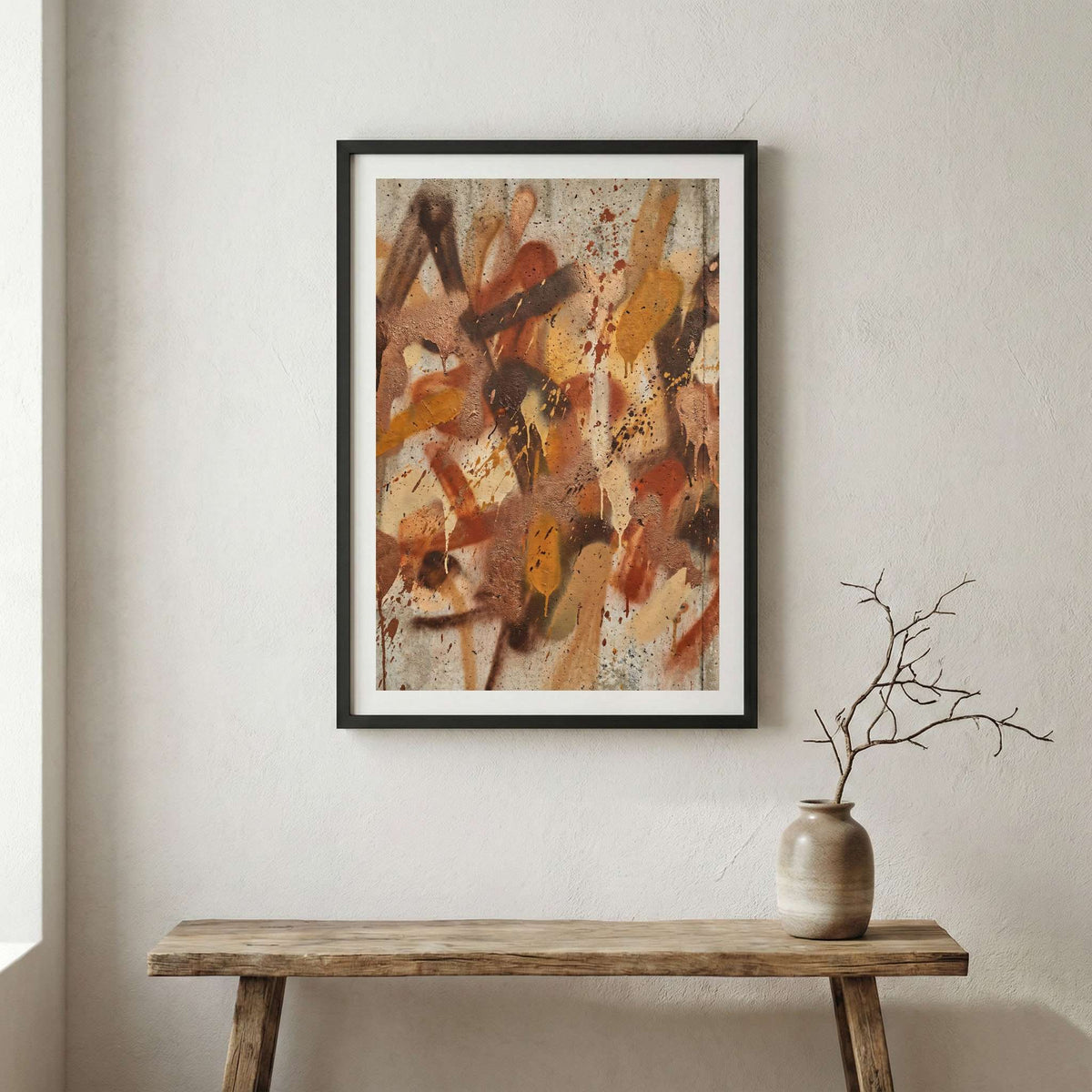 Orange Brown Expressive Abstract canvas wall art in a framed room setting