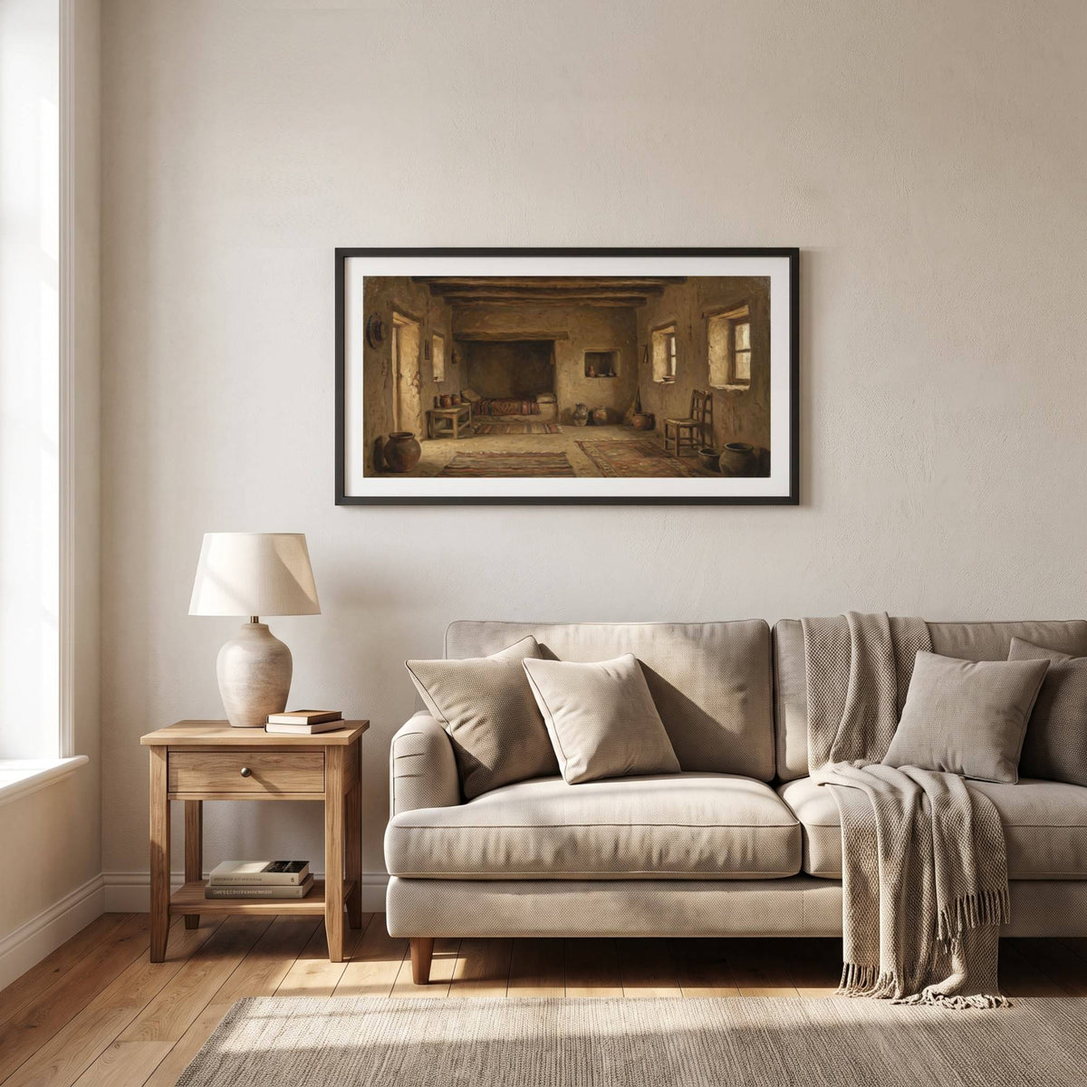 Vintage-style painting of a sunlit clay house room, terracotta pots, woven rugs, and built-in alcove bed — framed vintage painting.