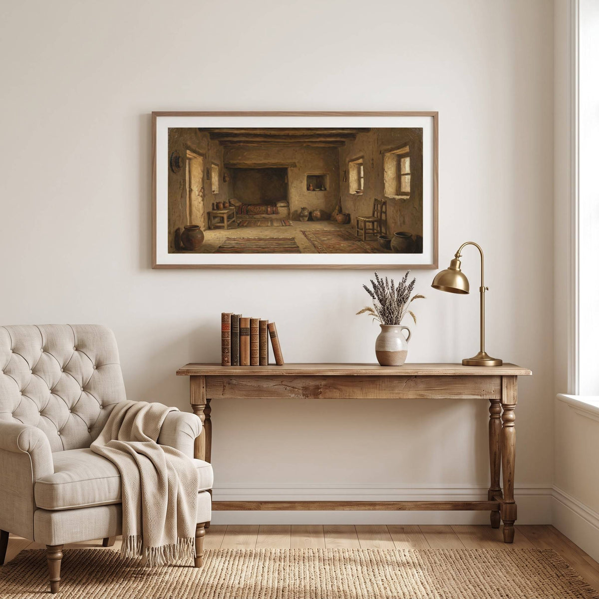 Vintage-style painting of a sunlit clay house room, terracotta pots, woven rugs, and built-in alcove bed — framed vintage painting.