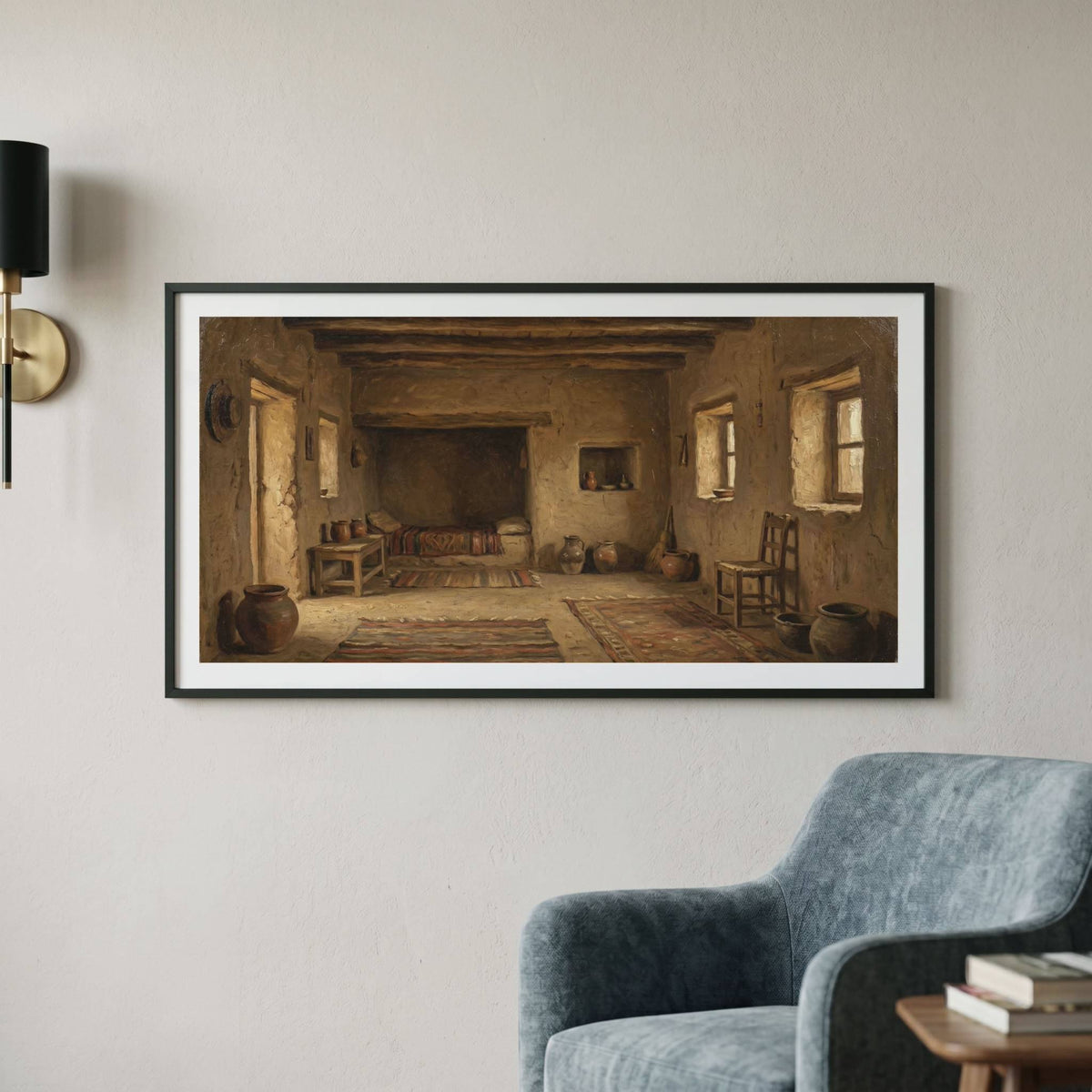 Vintage-style painting of a sunlit clay house room, terracotta pots, woven rugs, and built-in alcove bed — framed vintage painting.