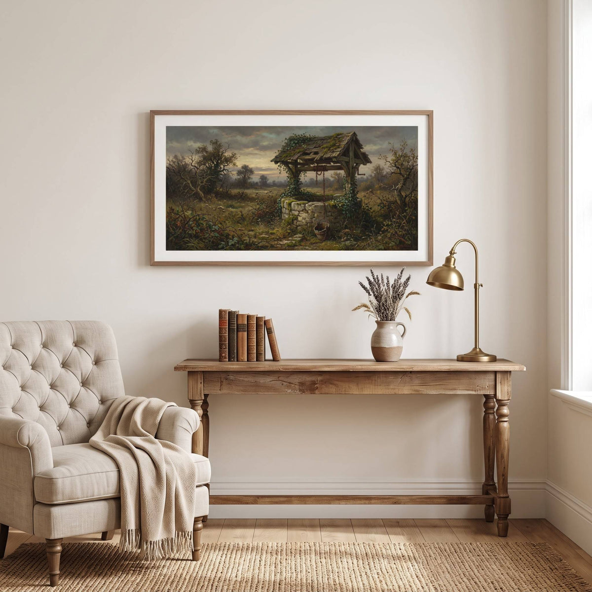 Vintage landscape painting of an old vine-covered well in the countryside at dusk — framed vintage painting.