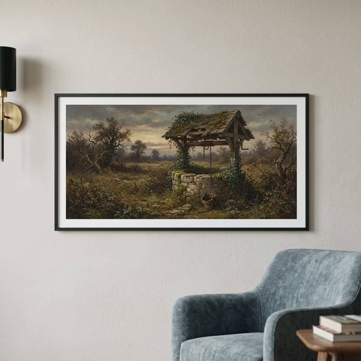 Vintage landscape painting of an old vine-covered well in the countryside at dusk — framed vintage painting.