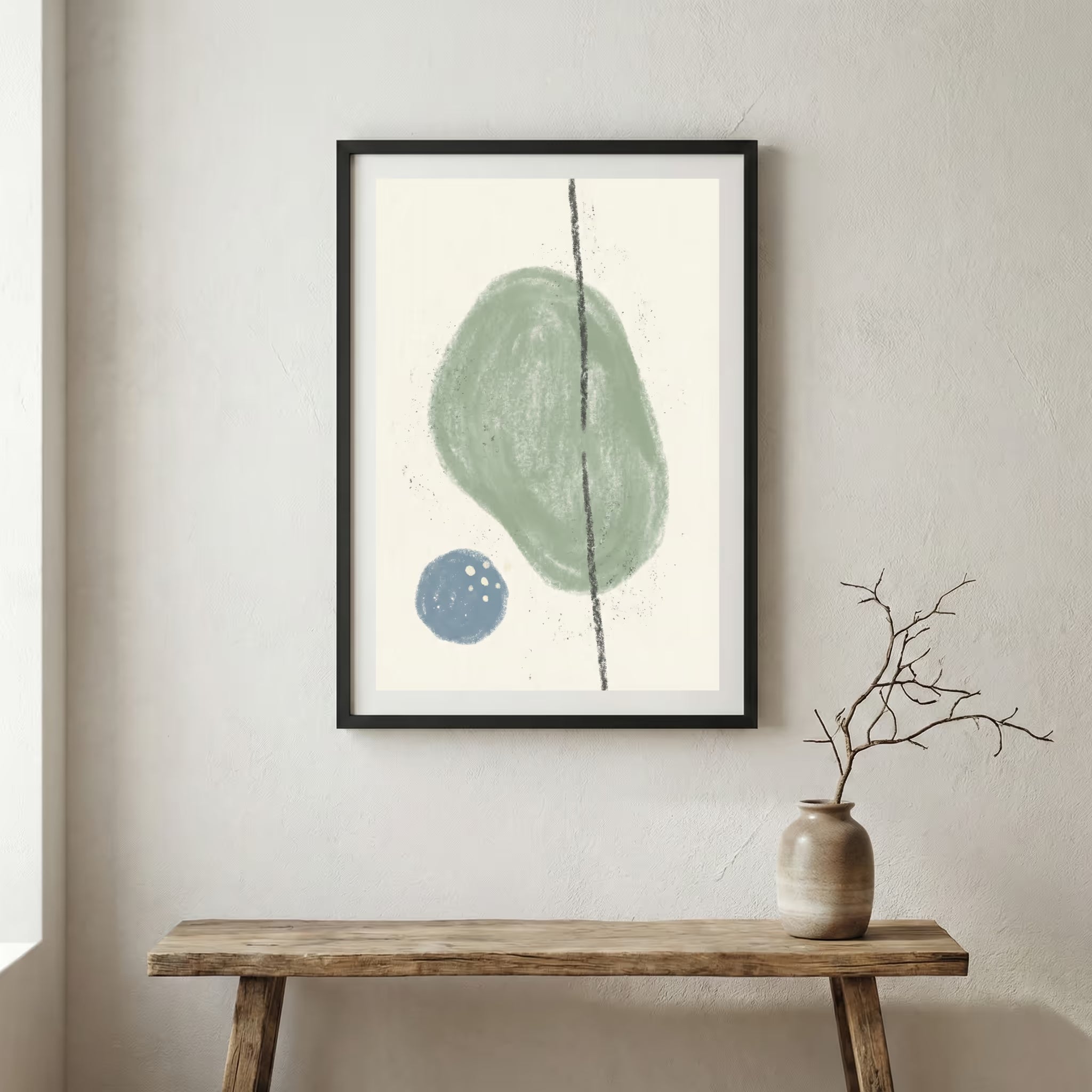 Sage Blue Organic Shape Abstract canvas wall art in a framed room setting