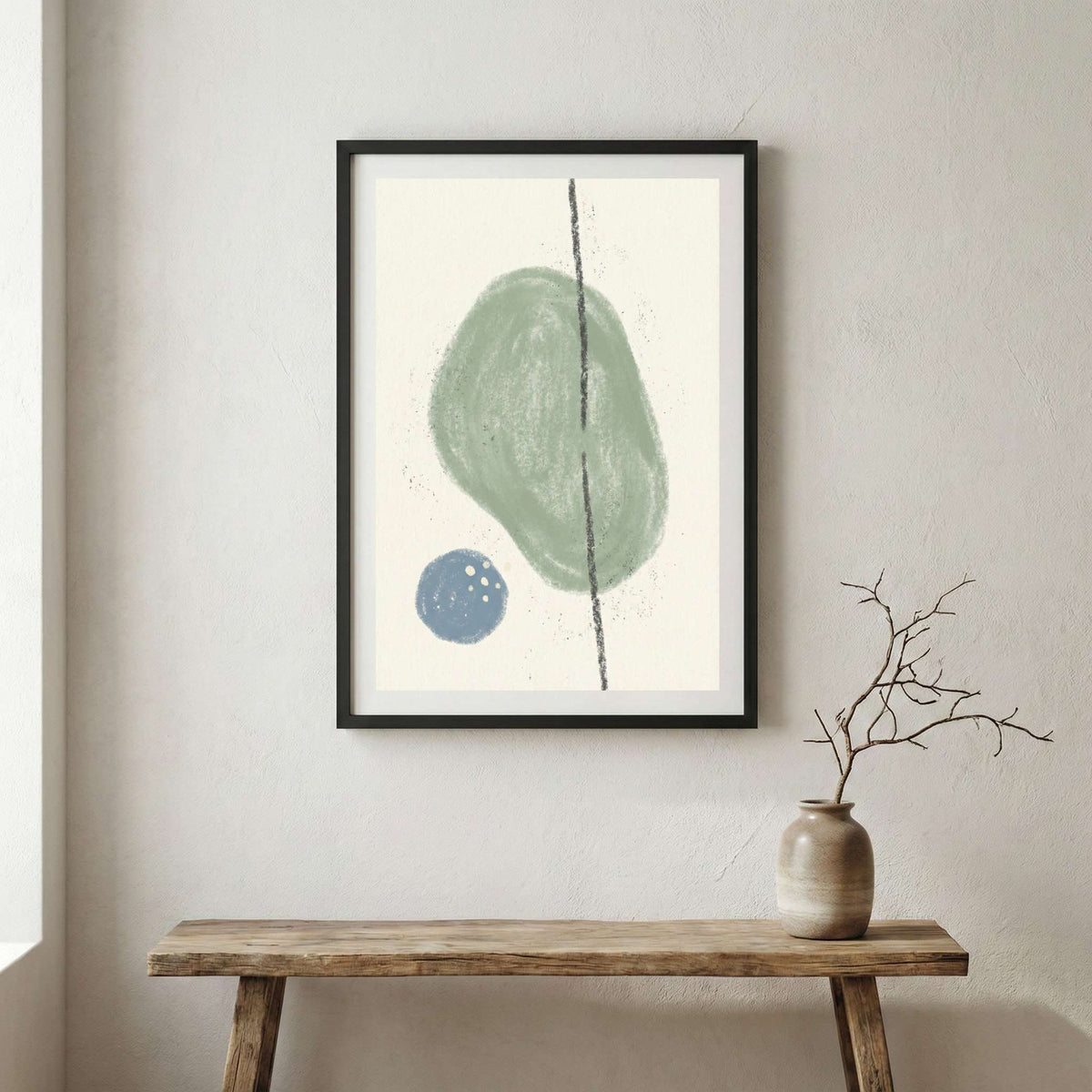 Sage Blue Organic Shape Abstract canvas wall art in a framed room setting