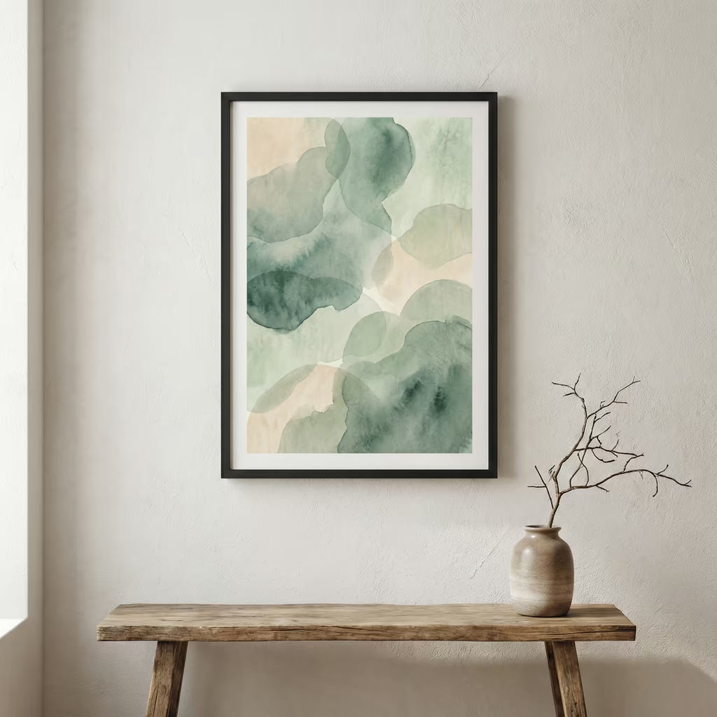 Soft Sage Green Organic Abstract canvas wall art in a framed room setting