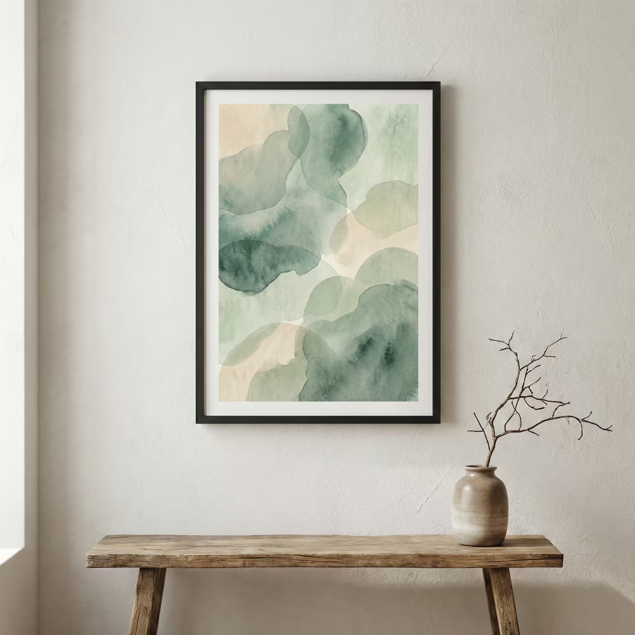 Soft Sage Green Organic Abstract canvas wall art in a framed room setting
