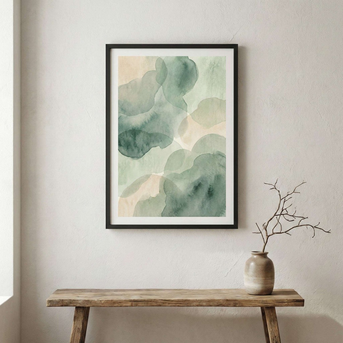 Soft Sage Green Organic Abstract canvas wall art in a framed room setting